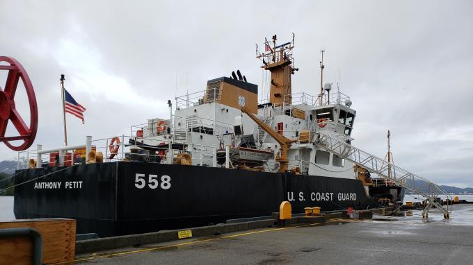 Docked U.S. Coast Guard boat named Anthony Petit