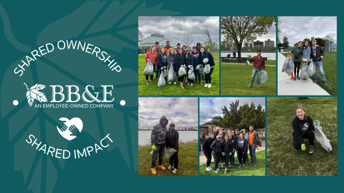Photos from the Belle Isle Cleanup Day with Shared Ownership Shared Impact BB&E logo