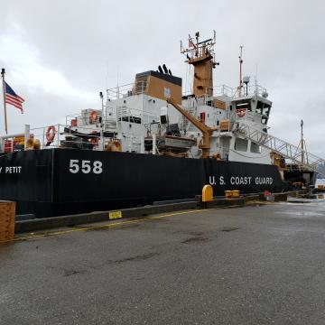 Docked U.S. Coast Guard boat named Anthony Petit